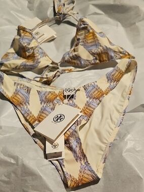 Tory Burch Cream Bikini set with Yellow, Tans, blues Print